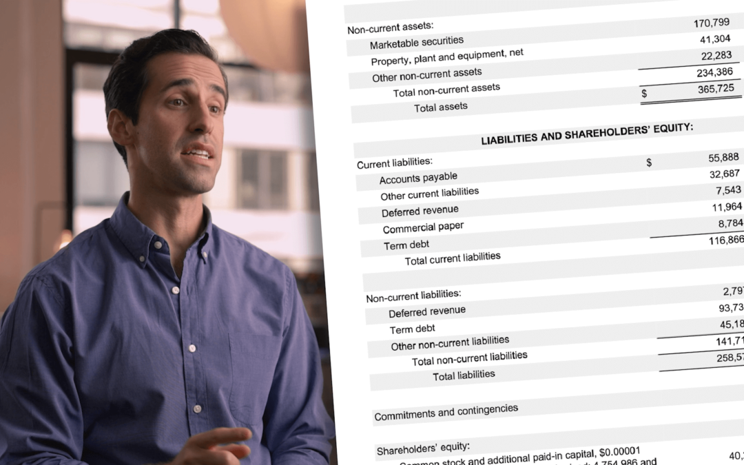 Split screen image of a man talking and a balance sheet