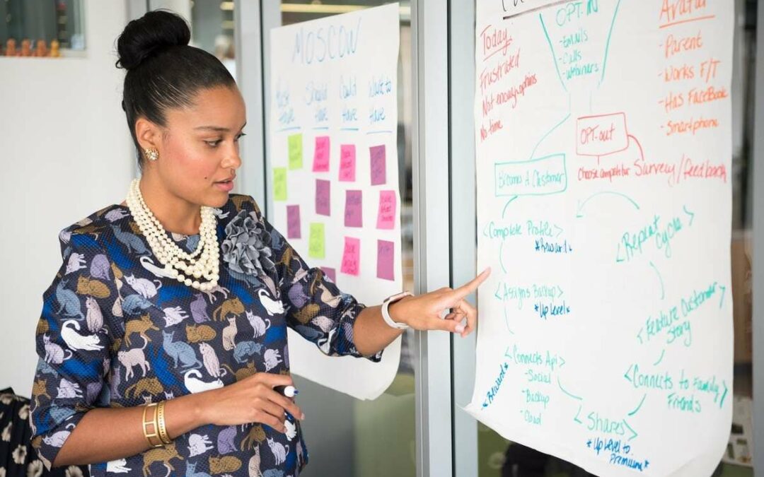 Woman pointing to a piece of flipchart paper https://www.pexels.com/photo/woman-wearing-beaded-white-necklace-1181623/