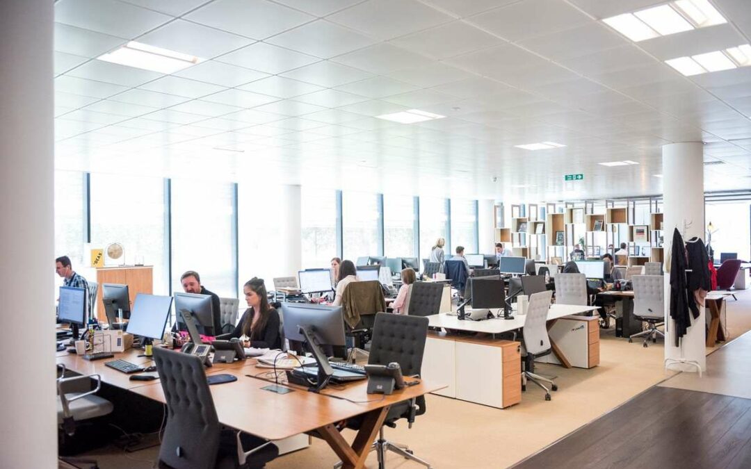 Large open office space with employees sitting at desks and working on computers.