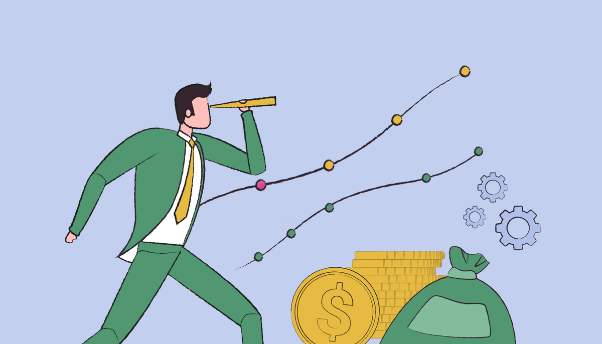 A guy using binoculars to explore his financial status over time